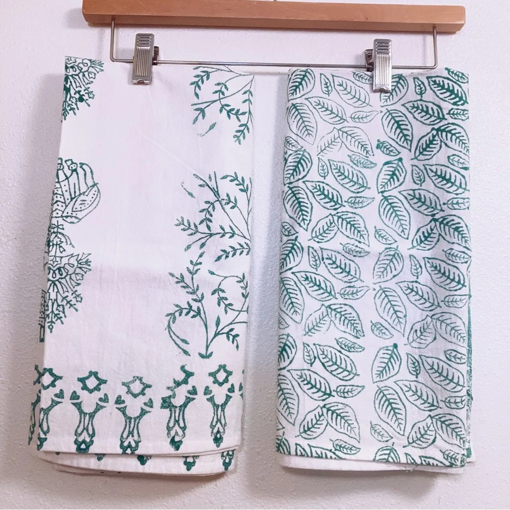 3 Piece Botanical Hand Block Painted Mary's Kitchen Tea Towel Set & Apron